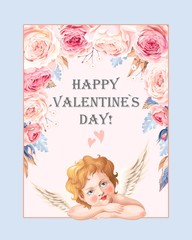 Valentines day card with roses and cupid
