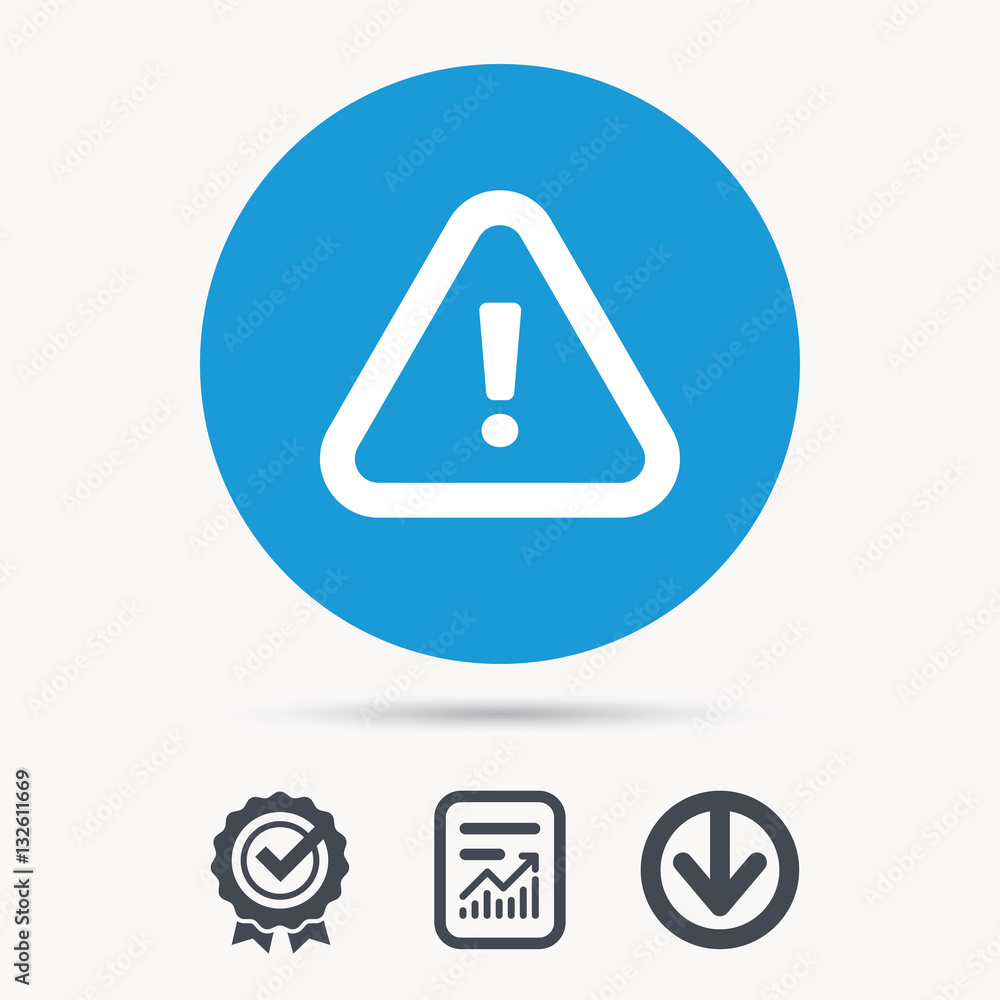 Aufkleber warning icon. attention exclamation mark symbol. achievement check, download and report file signs. 