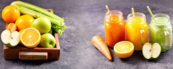 Fresh juice and smoothies with fruits and vegetables