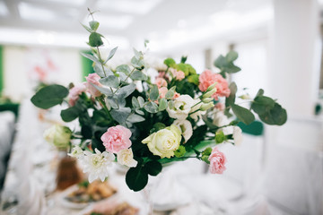 Beautiful flowers on table in wedding day in reataurant