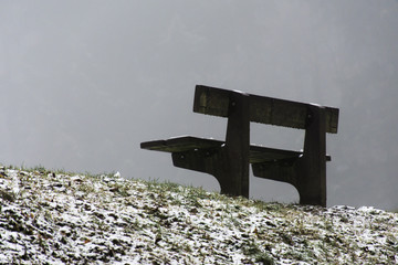 Fototapeta premium Bench empty seat in wood trees winter and fog 14