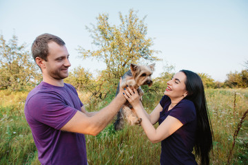 Obraz premium Young happy couple on nature,the boy gives girl a dog - yorkshire terrier as gift ,love,lifestyle,relationship,valentine