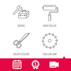 Achievement and video cam signs. Scissors, paint roller and repair tools icons. Circular saw linear sign. Calendar icon. Vector