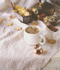 cup of hot cocoa flavored cookies. selective focus, top view
