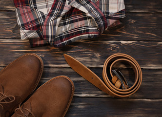 Men's brown clothing and accessories set: boots, leather belt 