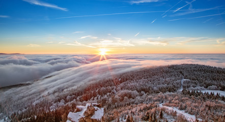 Majestic sunrise in the winter mountains landscape.