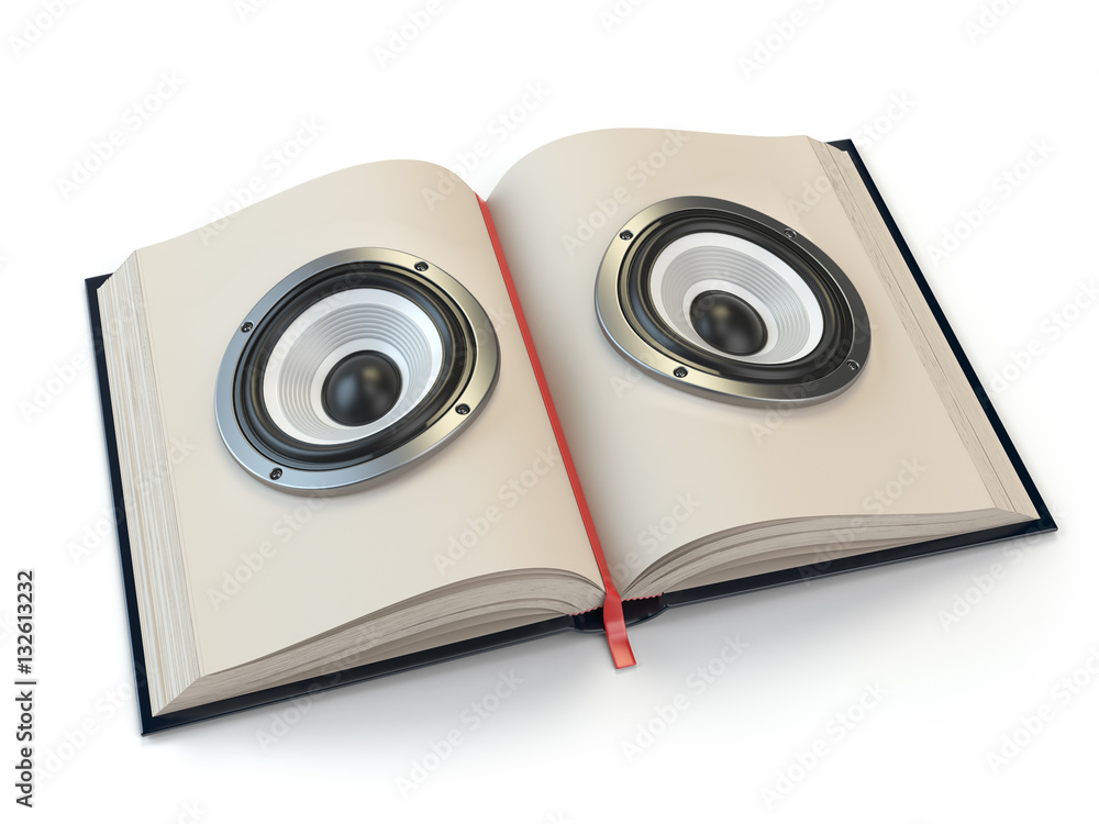 Poster audiobook or e-learning concept. open book with loudspeakers on