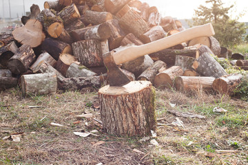 chopping wood with ax.