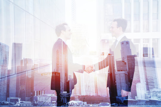 business deal, handshake double exposure, cooperation concept, agreement of two companies