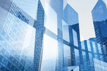Wall murals City building abstract business interior background, blue window double exposure, technology