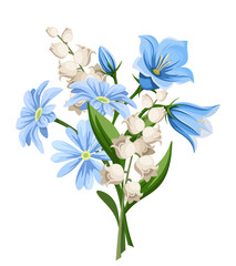 Vector blue and white spring flowers bouquet isolated on a white background.