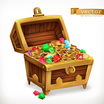 Treasure chest. Gems and gold coins. 3d vector icon