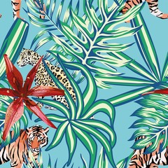 Tiger leopard tropical leaves lily seamless background blue