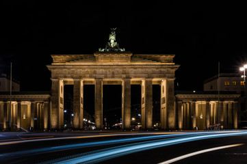 Illuminated Brandenburg Gate at night in Berlin, capital of Germany