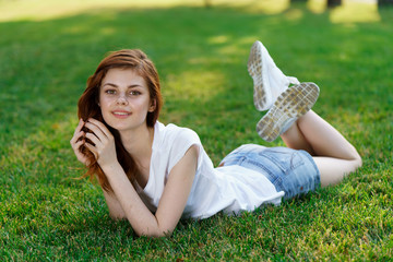 beautiful woman, park, grass, rest
