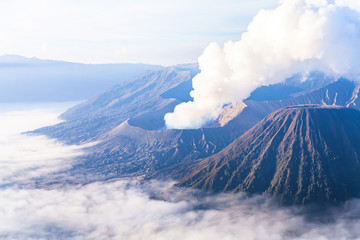 beautiful landscape of Bromo volcano at sunrise, aerial panoramic view,  Java, Indonesia