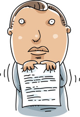 A cartoon of a nervous man holding a paper document. 