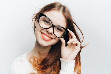 cheerful woman with glasses, playfulness