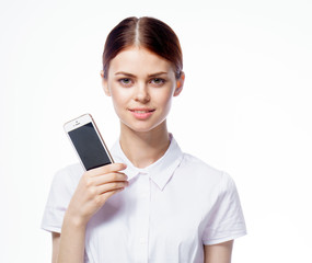 the girl with the phone on a white background