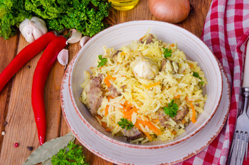 Pilaf. Rice with meat, vegetables and spices