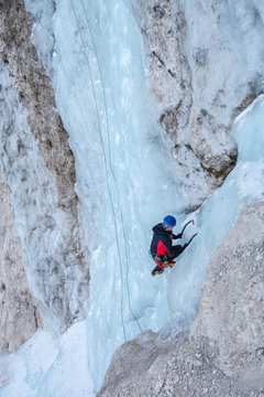 Ice climber in an ice fall
