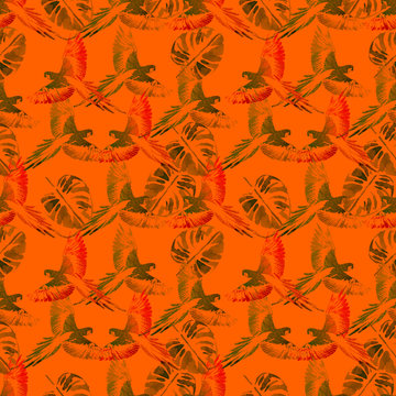 Fototapeta Watercolor seamless pattern. Tropical background. Parrots,  palm