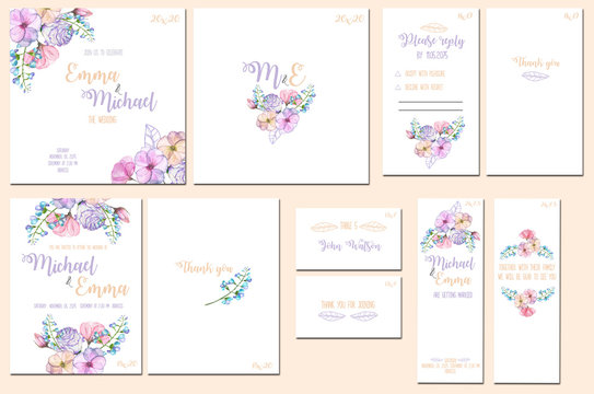 Template cards set with watercolor pink and purple flowers; wedding design for invitation, number, RSVP, Thank you card, for anniversary day