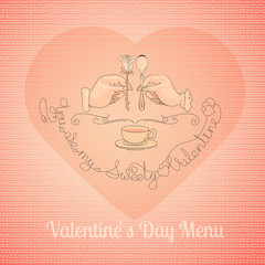 Doodle cup, hands, spoon, rose and handwritten words.