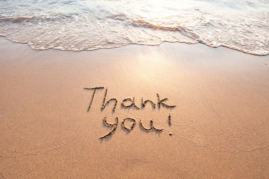 thank you, gratitude concept, beautiful card, word written on sand beach