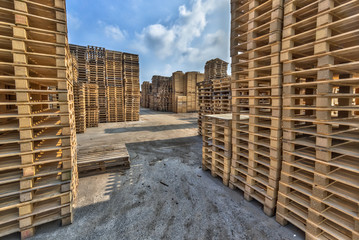 Business area with large stacks of euro cargo pallets