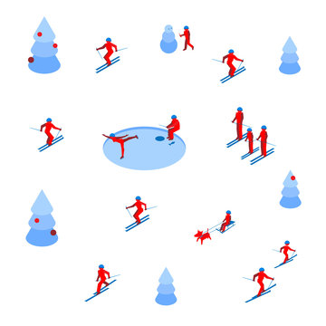 Lot of people skiing and skating on white background. Winter sports or holidays concept. Isometric 3d vector image clip art. 