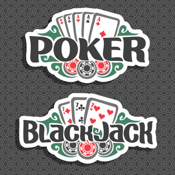 Vector logo Poker and Black Jack: playing cards four of kind aces for gambling game poker, chips for casino, card combination of seven 7 on geometric pattern background, lettering on blackjack theme.