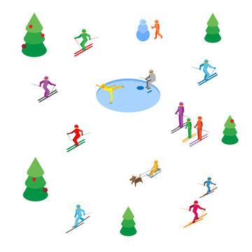 Lot of colored people skiing and skating on white background. Winter sports or holidays concept. Isometric 3d vector image clip art. 