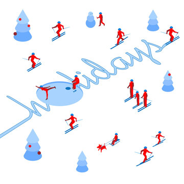 Skier has left a trace in the form of word 'Holidays'. With lot of people skiing around. Athlete write letters on the snow - vector image clip art. Isometric 3D logo concept on white background.