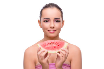 Beautiful woman with watermelon isolated on white
