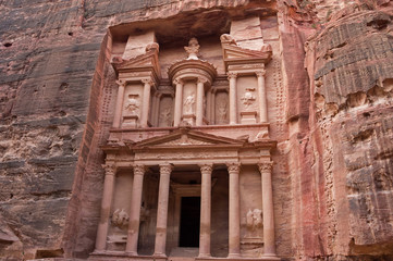 Ancient nabataean temple Al Khazneh (Treasury) located at Rose city - Petra, Jordan. View from Siq...