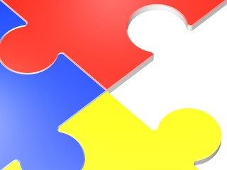 3D Illustration of colorful puzzle pieces isolated over white background.