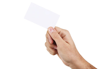 Male hand holding a business card