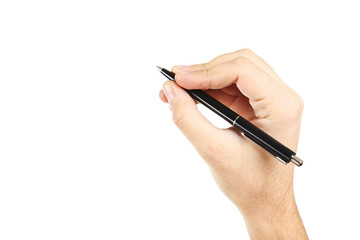 Male hand with pen on white background