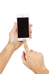 Male hands holding smartphone on white background