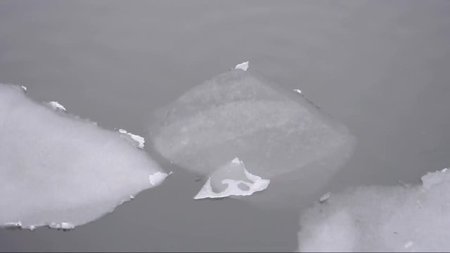 vorbeitreibende Eisschollen auf einem Flu&szlig; an einem tr&uuml;ben Wintertag
