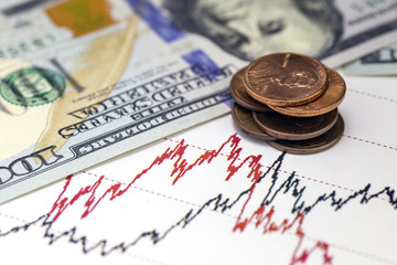 Heap of us cents with Lincoln portrait and hundred us dollar bill on Stock market Charts, Us currency, Macro image. Part of Dollar bill with blue ribbon. Red and black lines on the chart.