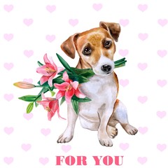Dog with flowers. Cute puppy with romantic bouquet. Flower backdrop.  Watercolor hand drawn illustration. Greeting card design. Invitation poster to wedding, birthday. Valentine's day. For you title - 132622409