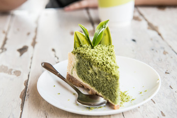 Green Tea Cheesecake on White Dish