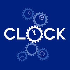 Word 'Clock' with big gear instead 'O'. Complex machinery looks like clock. Time count concept for business logo, card or poster. Flat style vector clip art on navy blue background.