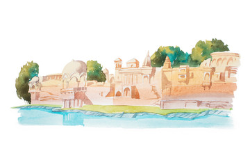 Fototapeta premium Ancient houses on coastline of the river watercolor illustration.
