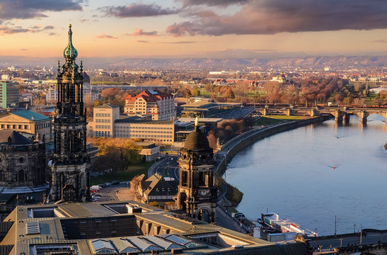 Panorama of the Dresden city skyline at sunset  in Germany