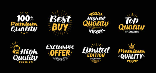 Vector set labels, badges and icons. Lettering high quality, best buy, exclusive offer, premium, limited edition