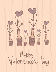 Cute vase with hearts flowers. Happy Valentines Day design. Holiday card.