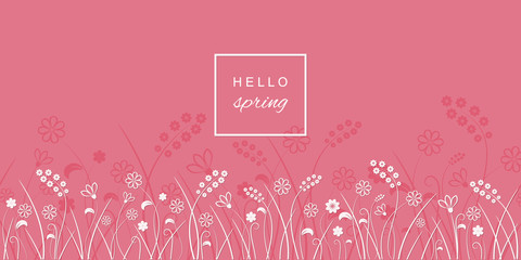 Hello spring letters on meadow pink background.